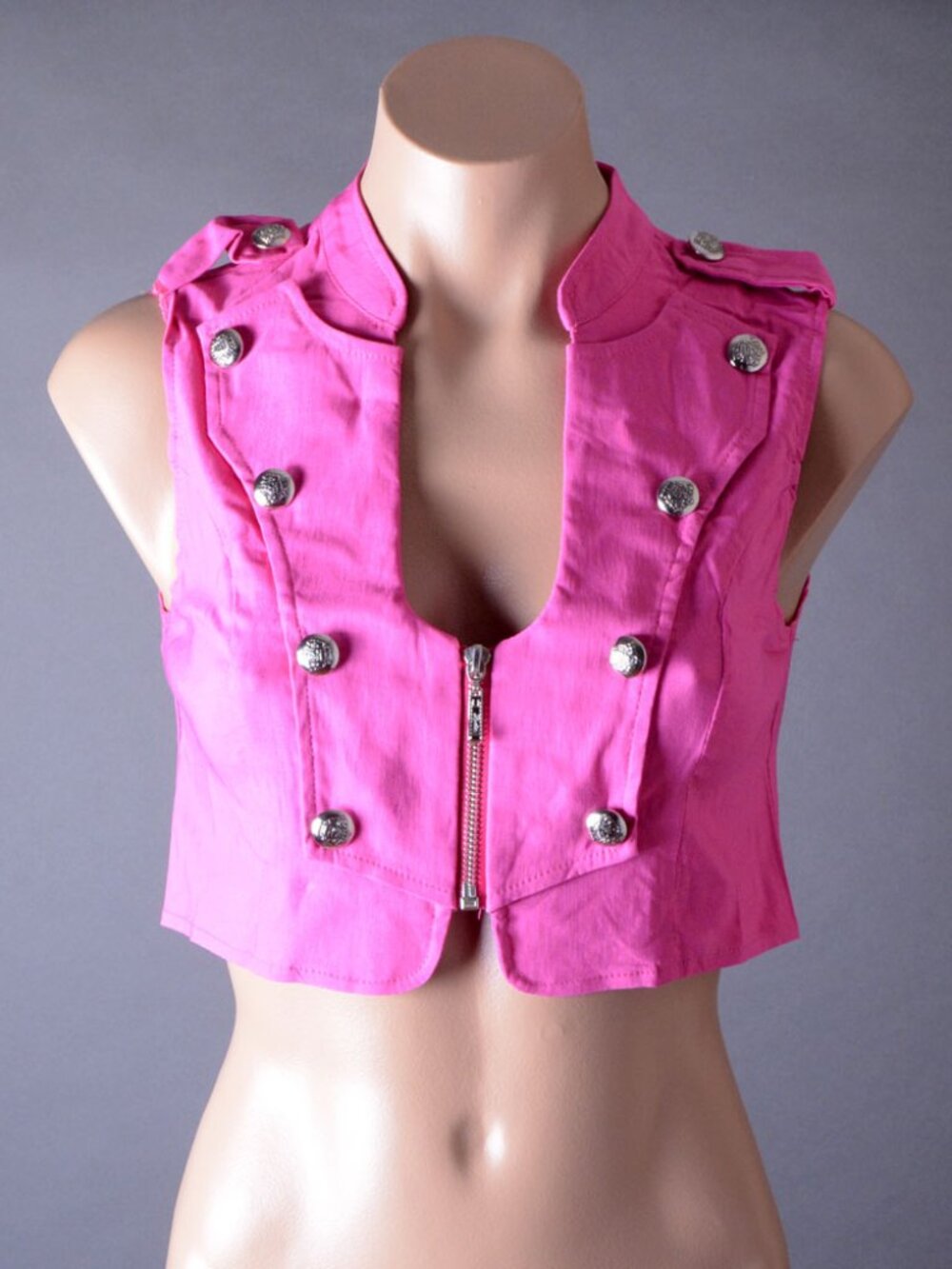 Fuchsia Pink Military Steampunk Goth Punk Sexy Sleeveless Zip Up Crop Top Vest